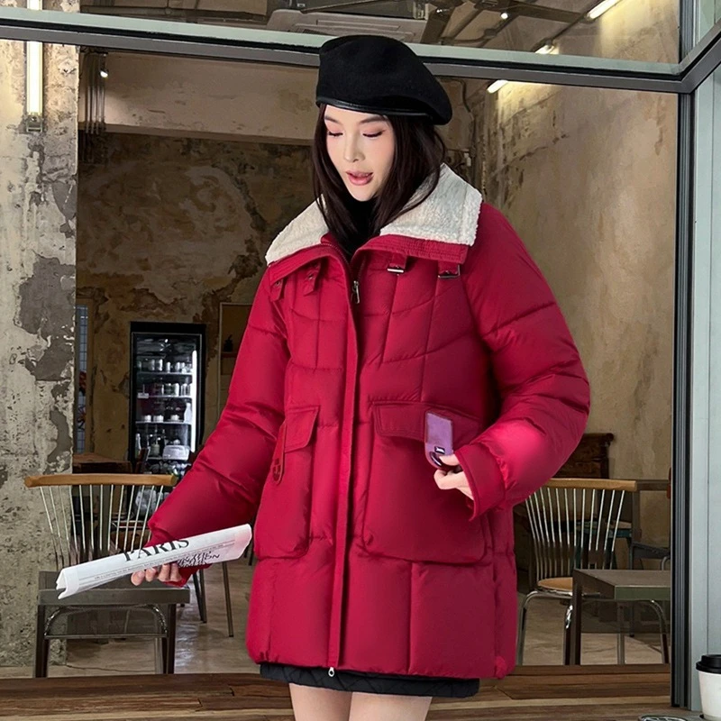 

Fashion Thickened Warm Down Cotton-padded Clothes Women's 2025 New Winter Lamb Wool Medium Long Casual Jacket High Street Trend
