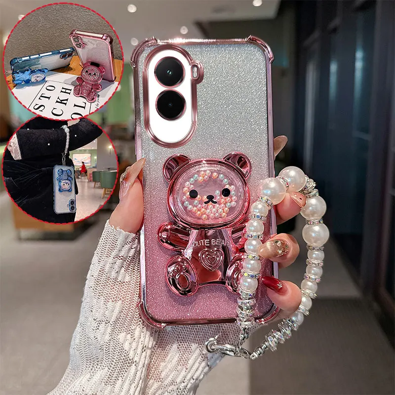 Cute Bear Cartoon Holder Pearl lanyard Strap Shockproof Glitter Phone Case For Xiaomi Poco M7 Plus F7 X7 Pro 4G 5G 7 Back Cover