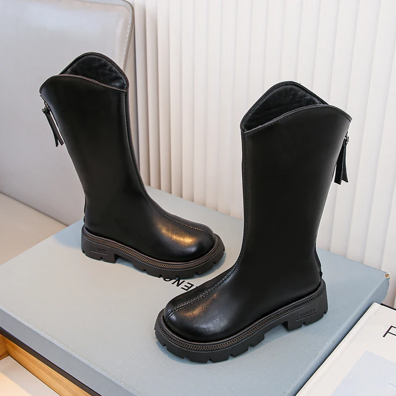 

2025 Children High Boots for Girls Autumn Winter New Fashion Korean Style Anti-slippery Keep Warm Versatile Chic Leather Shoes