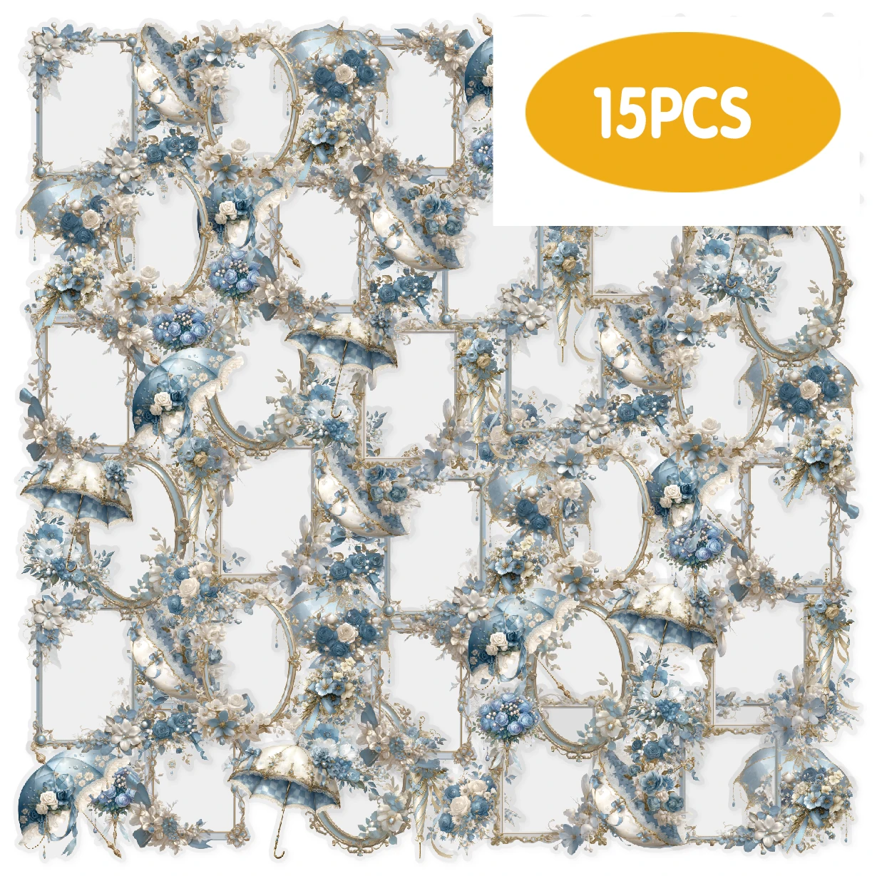 Etori Life Paraguas de flores Idioma estrella Borde dorado noble con patrón de borde floral Pegatinas para mascotas para suministros de álbum de recortes, decoración de la habitación, embalaje de caja de regalo, bolsas de papel de regalo, álbumes de fotos, obras de arte DIY, papelería para estudiantes, manualidades troqueladas