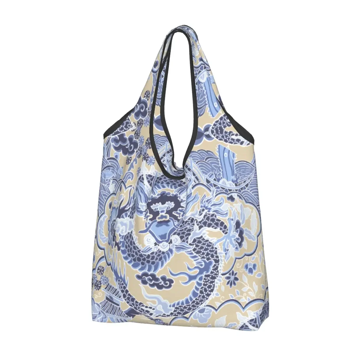 Reusable Imperial Dragon Blue Chinoiserie Shopping Bag Women Tote Bag Portable Tradition Asian Mythology Grocery Shopper Bags