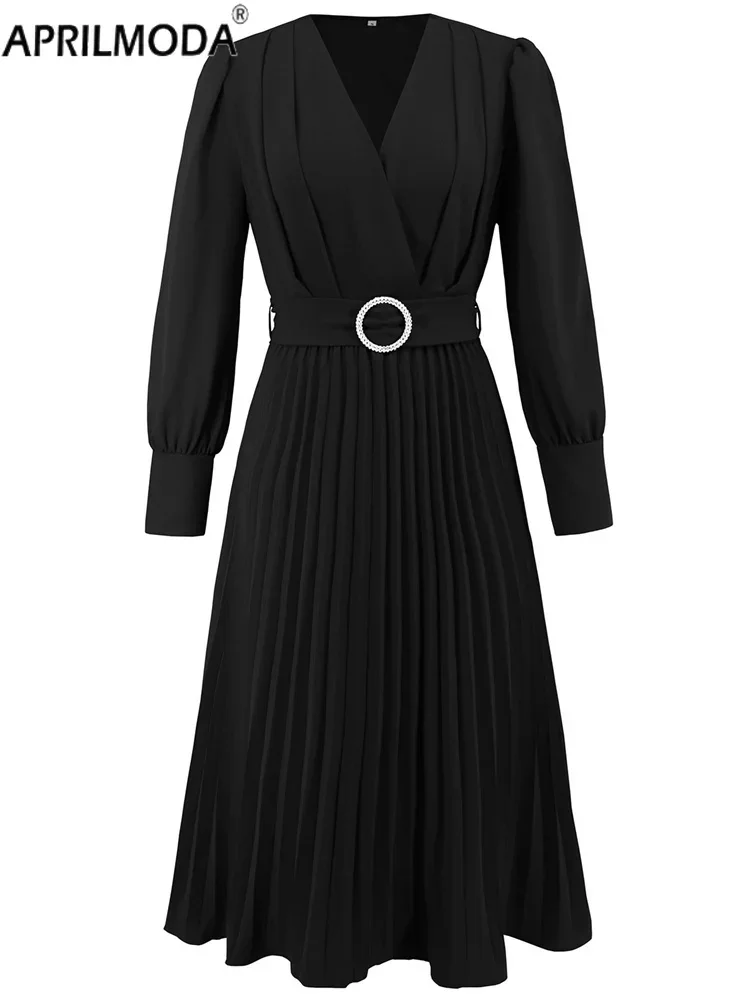 

Autumn Winter A Line Casual Midi Long Pleated Dress Office Work Wear Solid V Neck Runway Tunic Birthday Flare Dresses Vintage