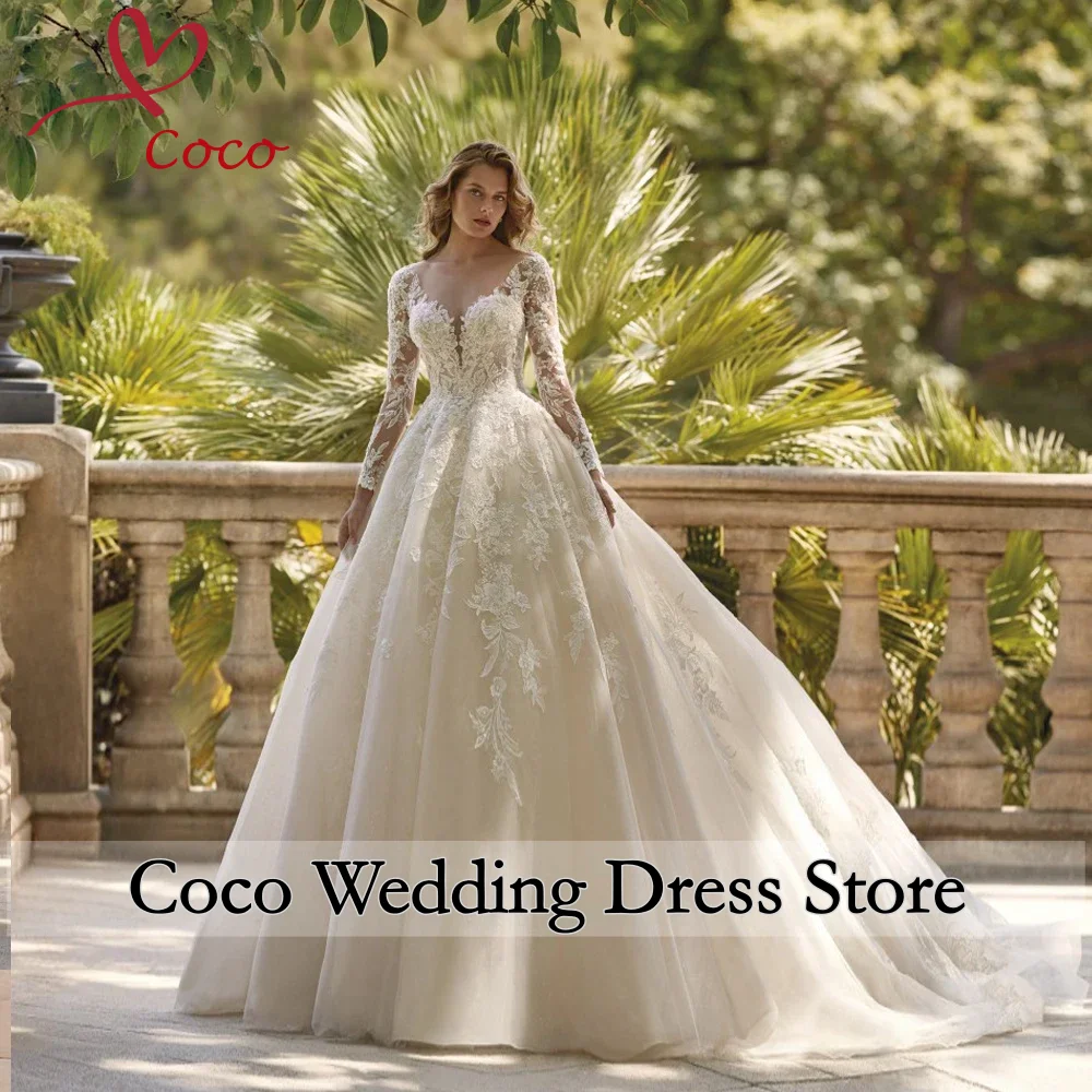 Customised Elegant A-Line Wedding Dresses Scalloped Long Sleeve Vestido De Novia Lace Appliques Vintage Bridal Gown
