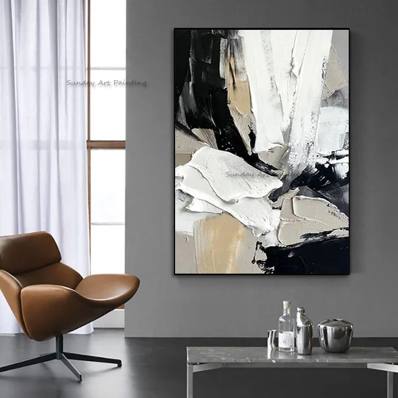 Black White Beige Abstract Simple Wall Art Decor For Room Hall Hand Drawn Gold Black Grey Oil Painting Original Artwork Decor