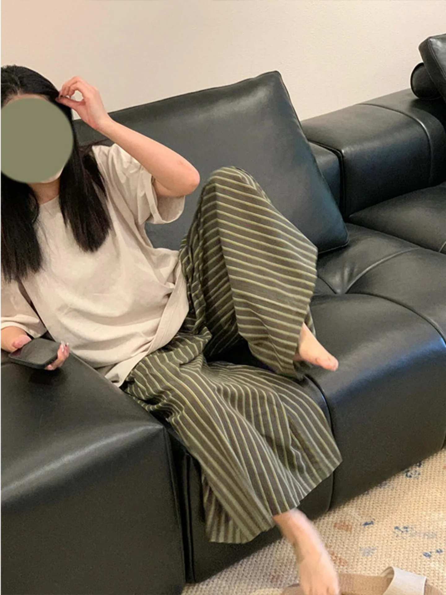 conjunto-de-pijama-gpjp-de-color-liso-para-mujer-camiseta-de-cuello-redondo-y-pantalones-a-rayas-ropa-para-el-hogar-primavera-verano-2026