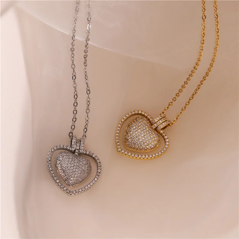 HECHENG, NEW Romantic Heart Necklaces for Women Cubic Zirconia Love Heart Pendant Necklace Brass