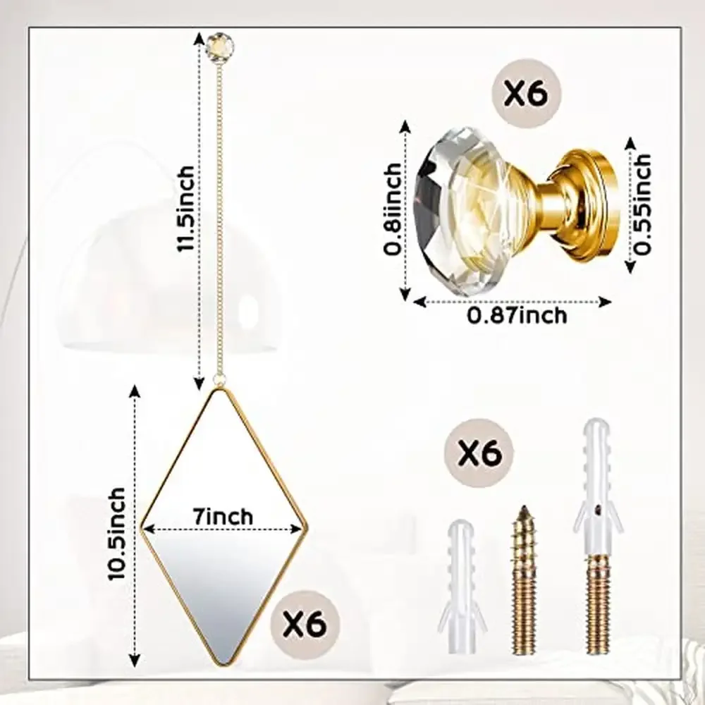 Diamond Hanging Wall Mirror Set with Gold Chain and Glass Handle Pack of 6 Decorative Mirrors Elegant Home Decor Easy Install