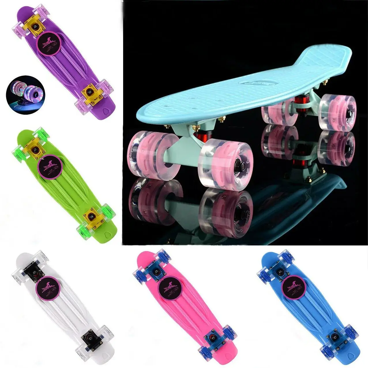 Penny Board Mini Cruiser, Retro Travel Portable Skateboard, Complete Ready to Ride Fish Boards, 22 Inch