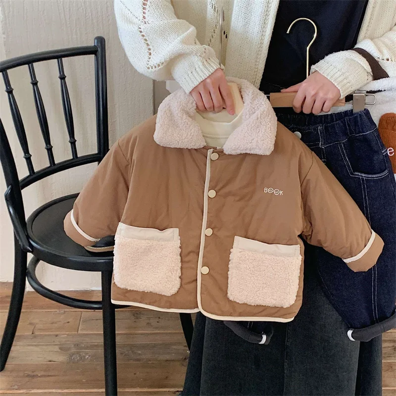 

Boys Coat Jacket Cotton Windbreak 2024 Lapel Warm Plus Thicken Spring Autumn Tracksuit Teenagers Children's Clothing