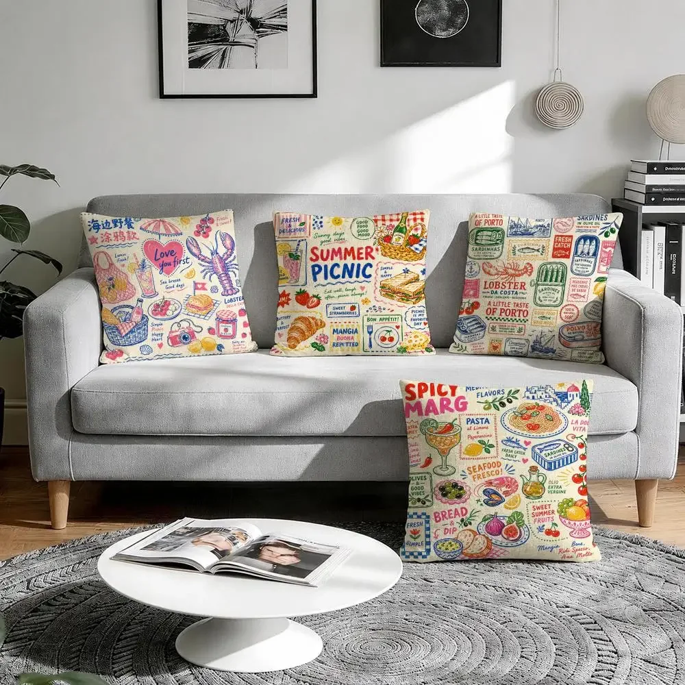 Coffee Bread Lobster Sardine Food Print Cushion Cover Natural Breathable Durable Linen Printed Decor Pillow Case Sofa Bedroom
