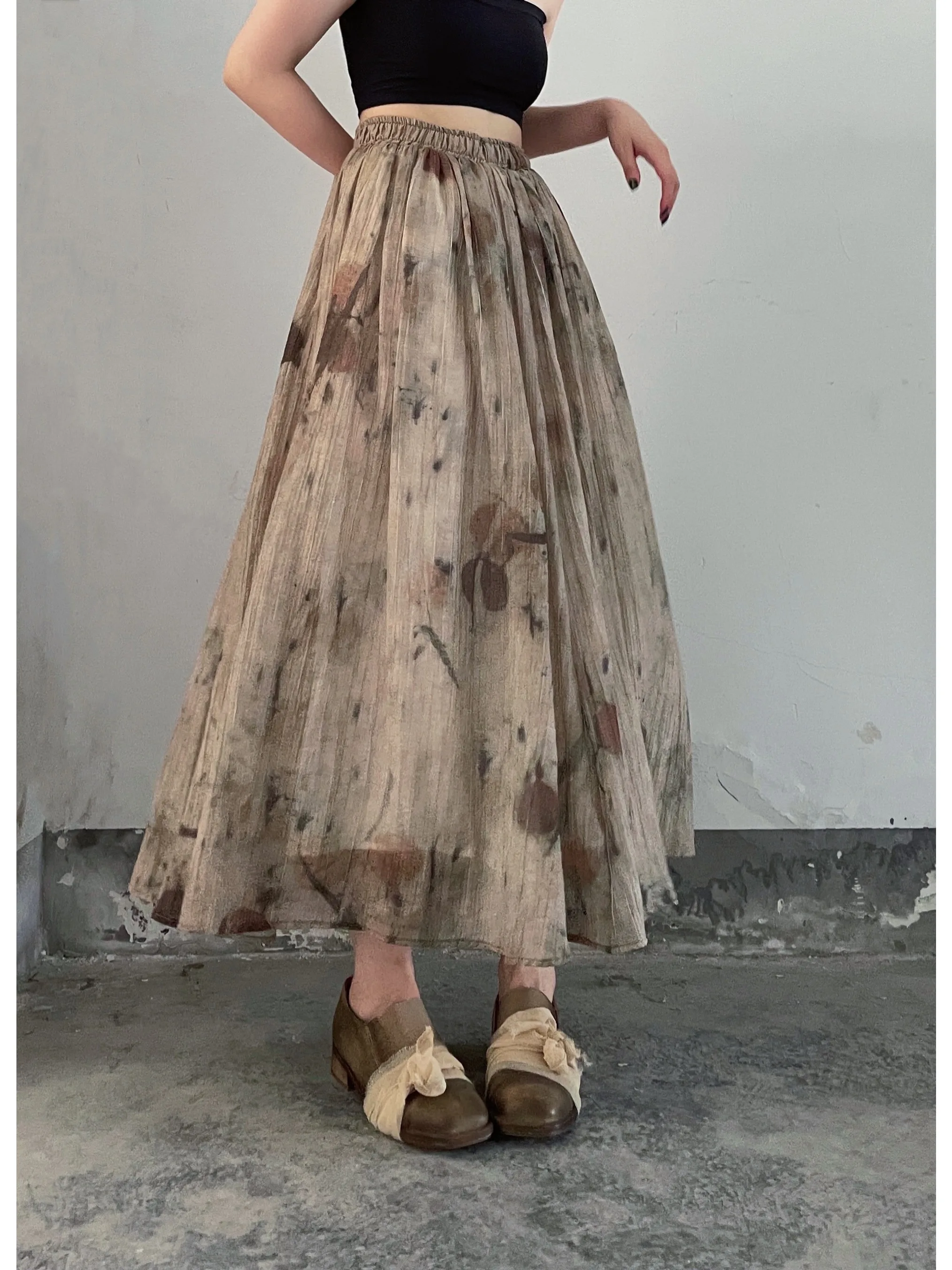 

Retro Beautiful Dyeing Linen Half Skirt Broken Sense Long Dress Loose Fit A-Line Skirt mid Waist Cotton Print Gown