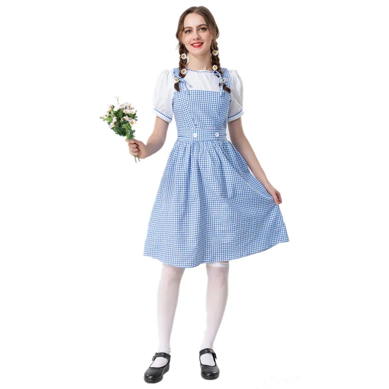 Adult Dorothy Maid Blue Plaid Dress Cosplay Halloween Costume Oktoberfest Dirndl For Women