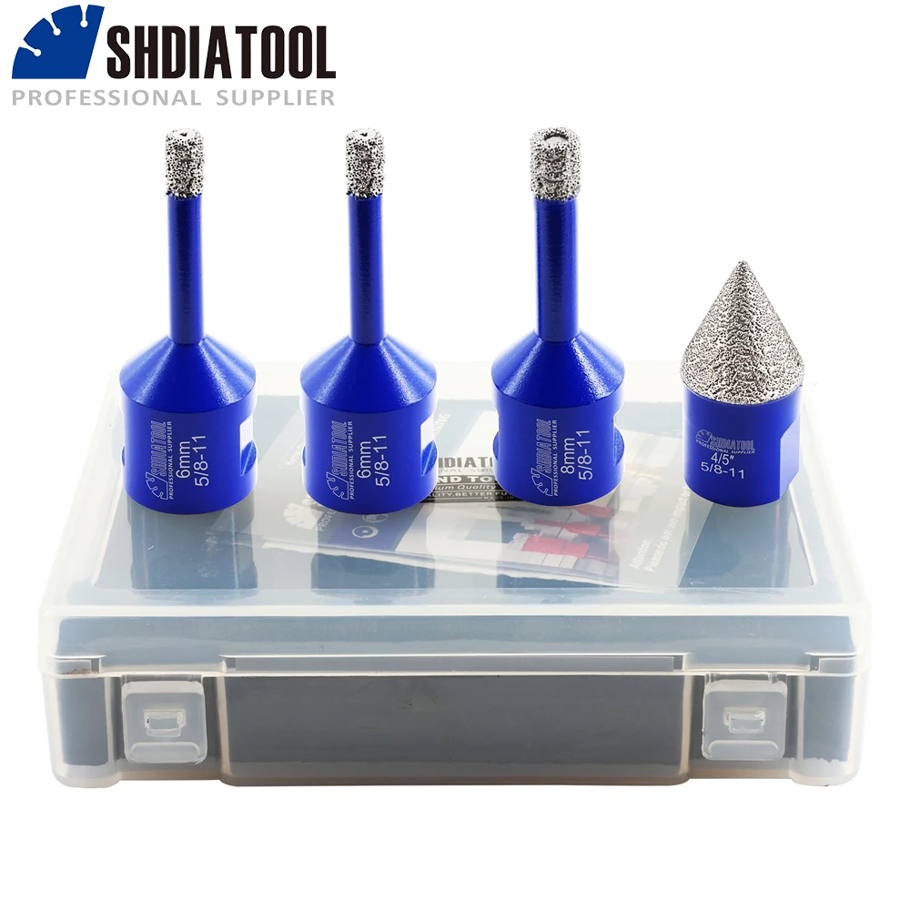 SHDIATOOL 4pcs/Box Diamond Drill Bits Kit 6/6/8mm Diamond Hole Saw+20mm Milling Chamfer 5/8“-11 Tile Milling Porcelain Marble