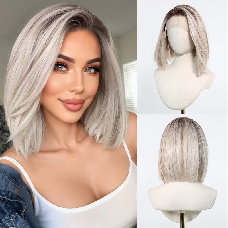 

New 13*6 large-area lace wig, gradient white-gold color, bob style, free parting, breathable mesh cap