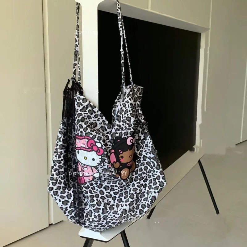 Hello Kitty Leopard Tote Bag Anime Sanrio Y2K Handbag Kawaii High-Capacity Shoulder Bag Cartoon Women Bags Axillary Pouch Gift