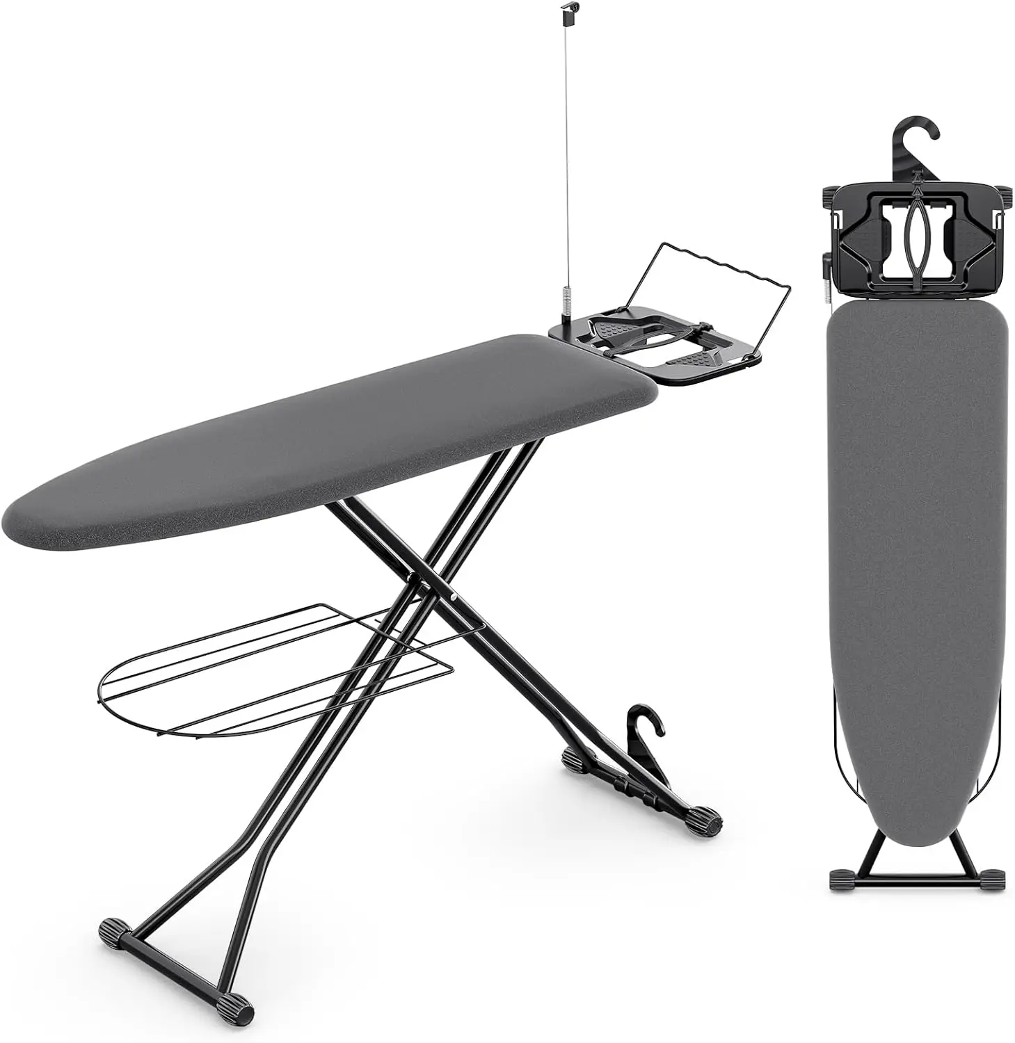 

Compact Full-Size Ironing Board with Thick Cover, 7 Adjustable Heights, Hanger & Storage Tray, Black