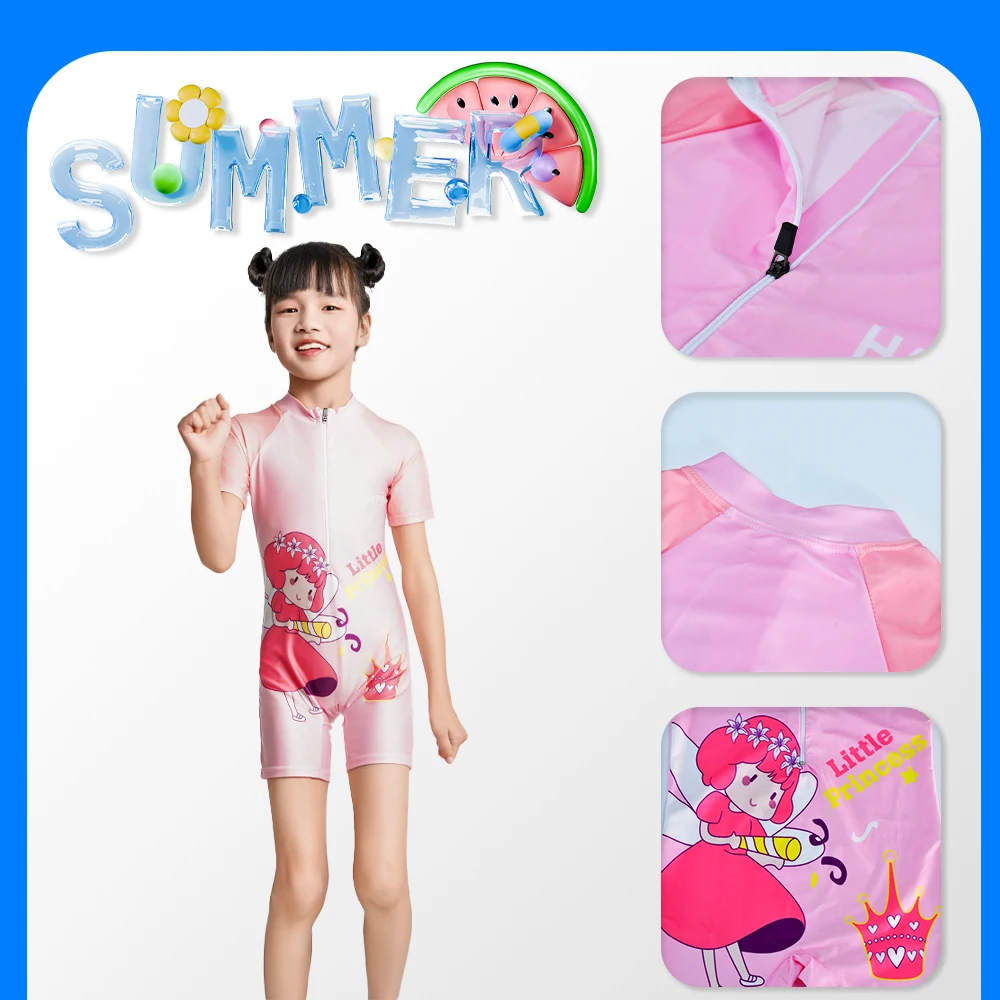 Costume da bagno intero per bambina, maniche corte, cerniera, cartone animato stampato, Rash Guard, costume da bagno estivo, spiaggia, protezione