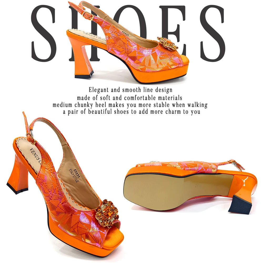 Venus Chan 2025 INS Orange Color Elegant Women Shoes and Bag Set Decoration Rhinestones Square Head Women High Heels Shoes - view 3
