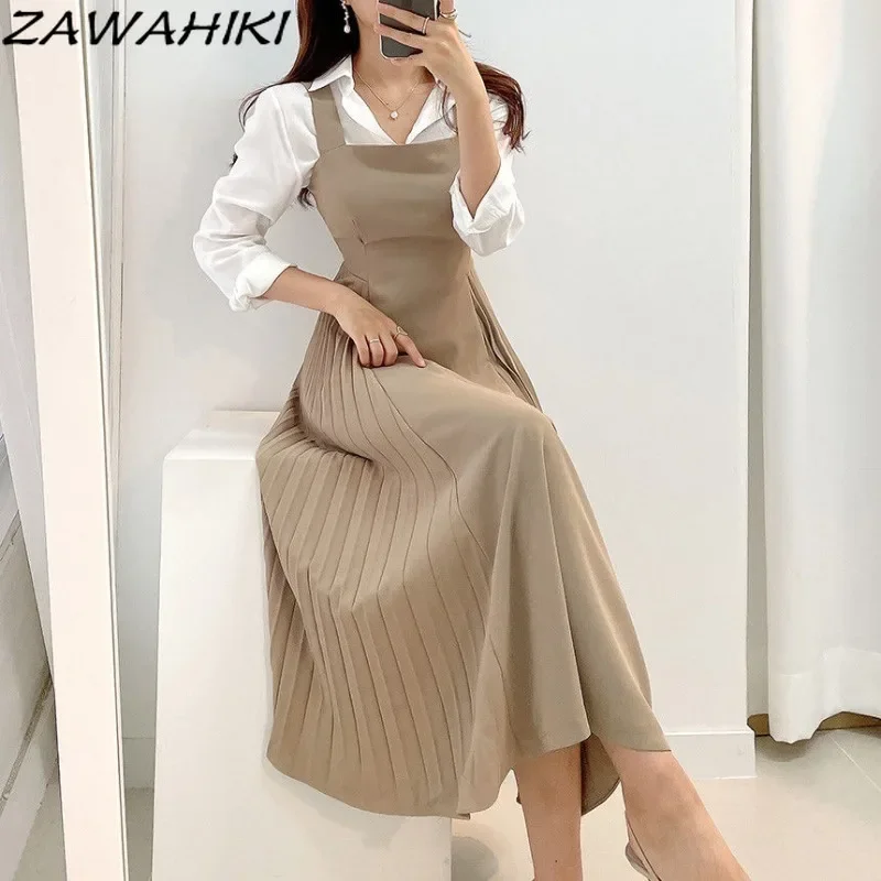 Korean Fashion Elegant Temperament Solid Color Vintage All Match Pleated Spaghetti Strap Dress Casual Minimalist Vestidos Mujer