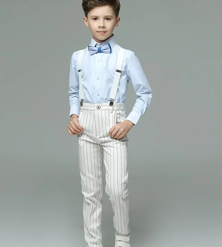 

Kids Summer Shirt Suspender Pants Bowtie 4PCS Formal Suit Boys Wedding Photography Suit Child Costume Teenager School Uniform