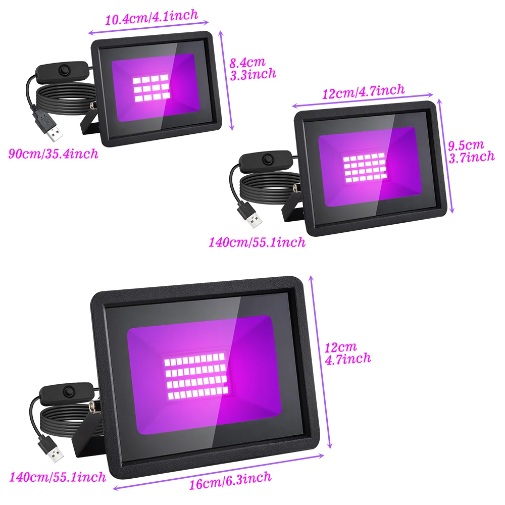 LED UV Black Light 10W/20W/30W Flood Light 385 nm, UV Spotlight with Switch for Holiday Party, DJ, Stage Lighting, Halloween