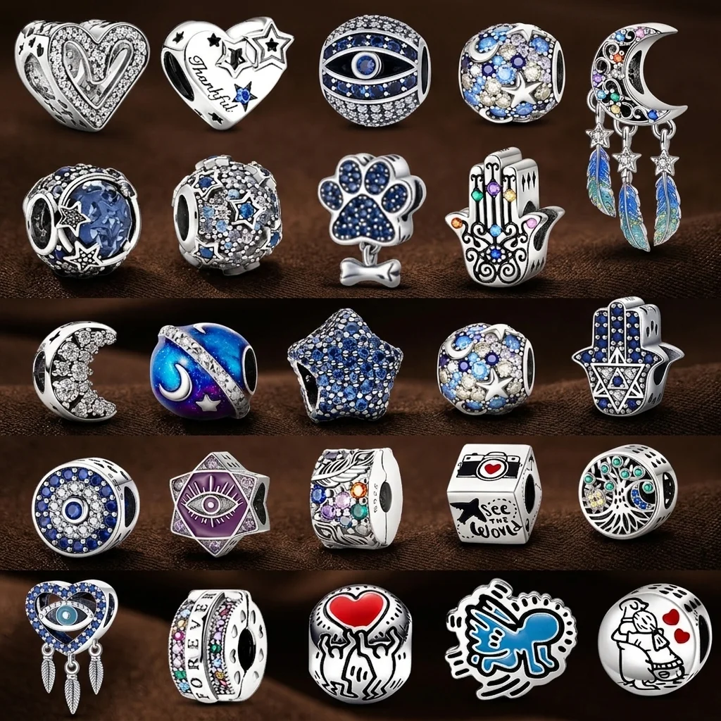 Charms for Women Bracelet, Evil Eye Moon Star Hamsa Hand Paw Print Tree of Life Camera Beads DIY Jewelry Accessories Gift