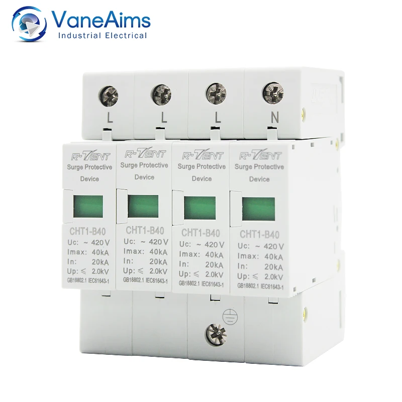 AC SPD 4P 20KA~40KA House Surge Protector Din Rail Mounting Lightning Protection Arrester Device for Solar Photovoltaic System