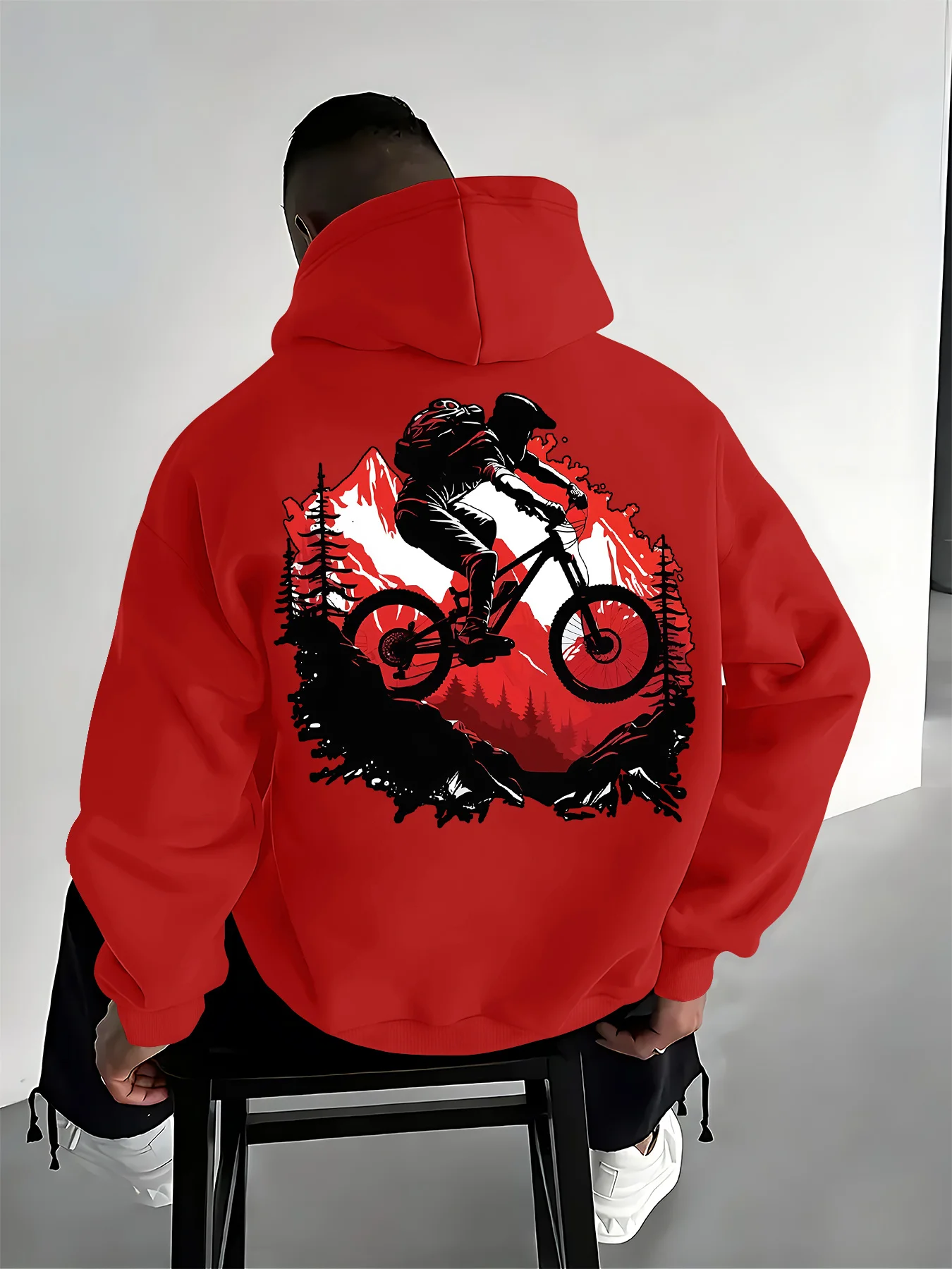 Men's Mountain Biker Printed Forest-Print Hoodie - Outdoor Sport Style Loose Fit for Autumn/Winter Daily Casual Outerwear