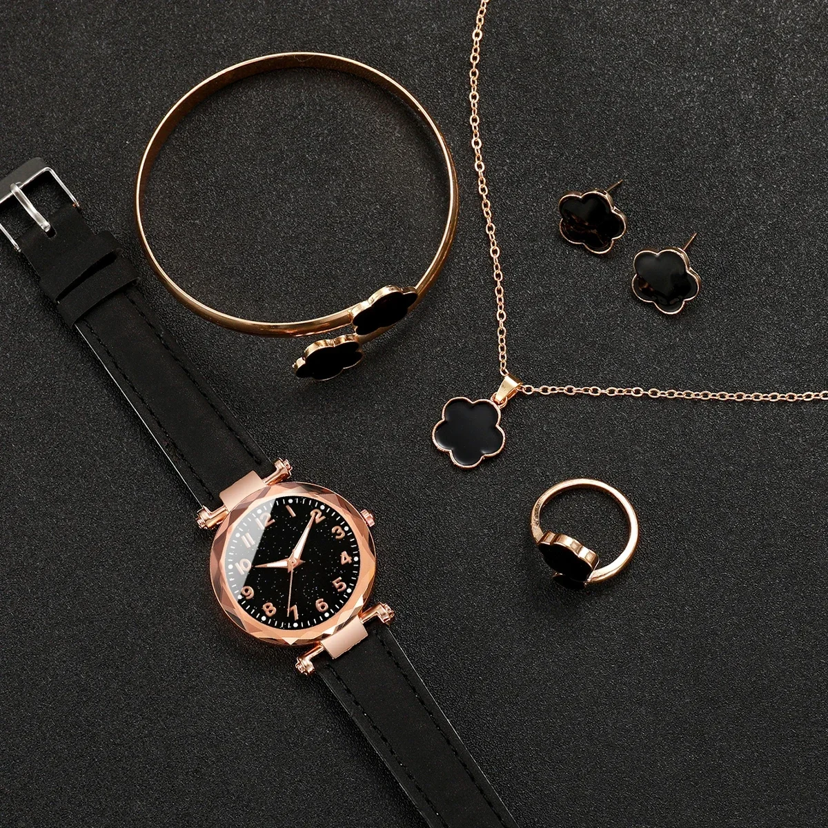 20266PCs/Set Women's Watch Fashion Digital Leather Quartz Watch with Unique Flower Jewelry Set