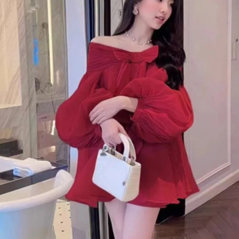 Matakawa Sweet Bow Vestidos Cortos Spring Summer Puff Sleeve Solid Slash Neck Women Dresses Birthday Party Elegant Mini Dress