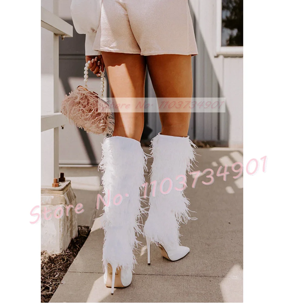 White Furry Knee-High Boots Ladies Pointy Toe Leggy Zipper High Heels Women Shoes Fashion Sexy Elegant wool Plush Luxury Boots