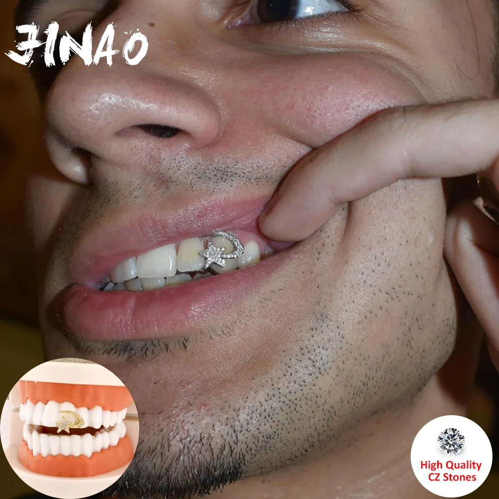 JINAO Hip Hop Iced out CZ stone hook Spin Star double Teeth Grillz Men Women Top&Bottom shinny Grill Punk Rapper Christmas
