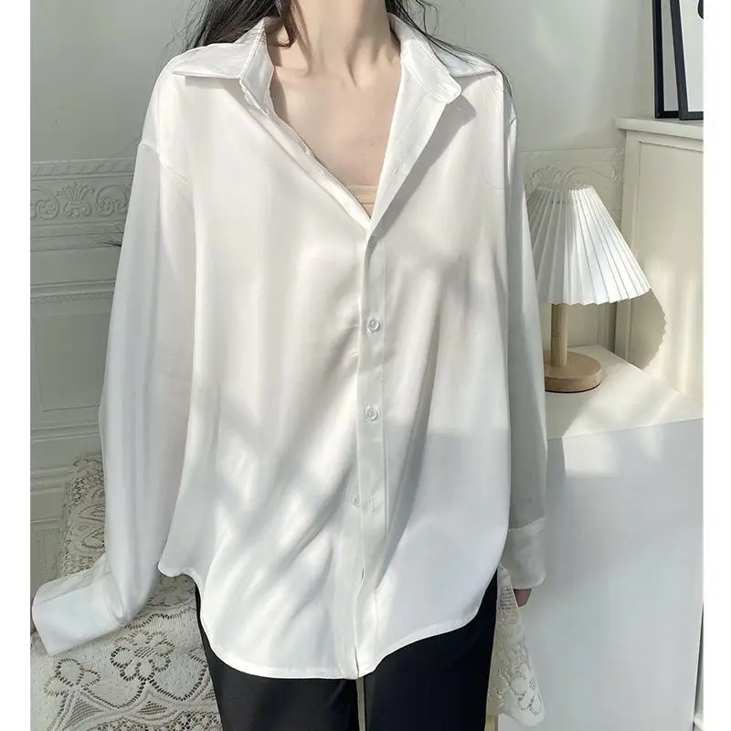 Fashion White Simplicity Shirt Tops Spring Autumn New Polo Neck Long Sleeve Loose Solid Blouse Sweet Elegant Women Clothing