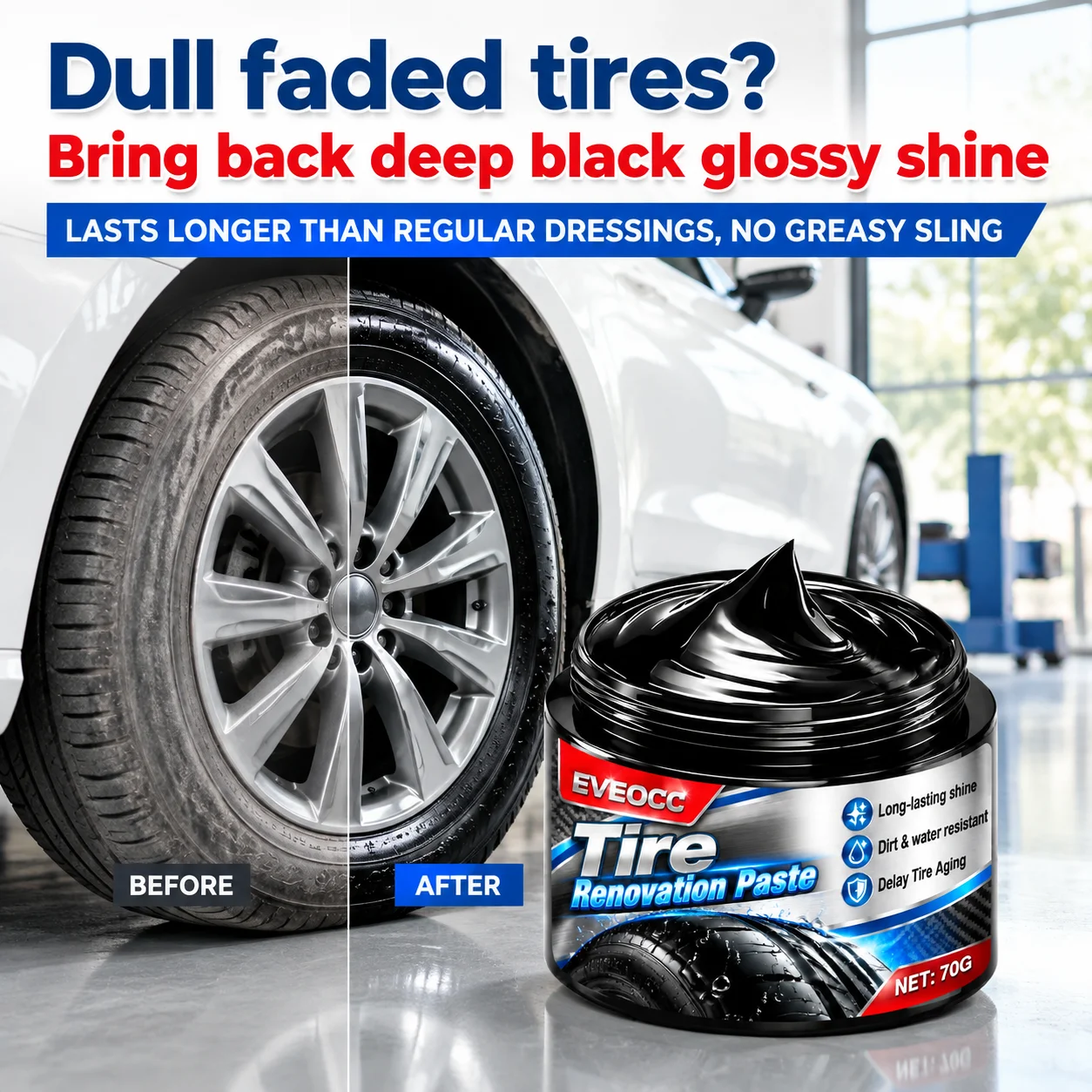 EVEOCC Tire Renovation Paste Car Tire Brightener Anti-Aging Waterproof Tire Refurbish Paste Tire Care Gel 70g