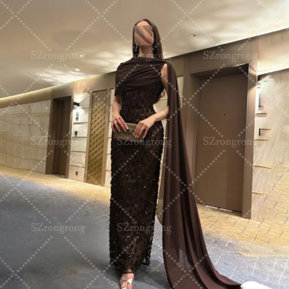 

Custom Made Bridal Jersey Sheath Sequins Shiny Saudi Arab Gown Backless Sheath Sexy Ankle Length Prom Party Dress with Cape