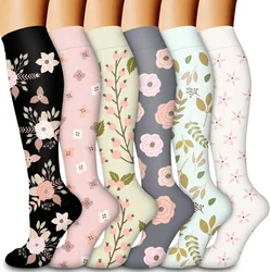 6 Pairs Floral Cute Compression Socks for Women Travel Calf Nurse Pregnant Medical Compression Socks Cartoon