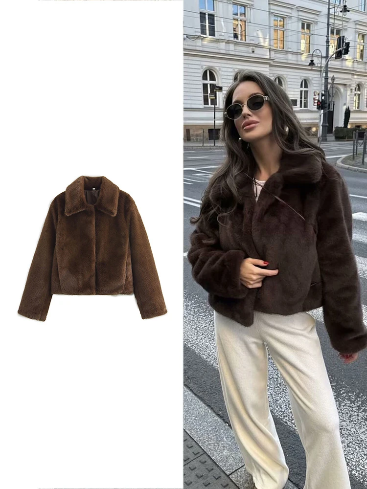 TRAF Women Fashion Winter Lapel Long Sleeve Soft Faux Fur Vintage Loose Furry Short Top High Street Temperament Brown Warm Coat