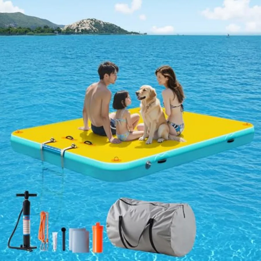 Inflatable Floating Dock for water sports, PVC material, gray color, heavy-duty non-slip surface with portable carry bag and la