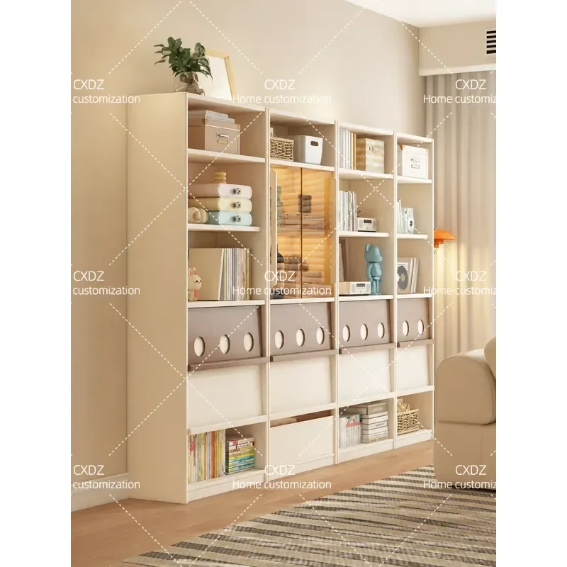 All Solid Wood Display Cabinet with Glass Door Living Room Bookcase Storage Locker Wall Mounted Cream Style Home Furniture