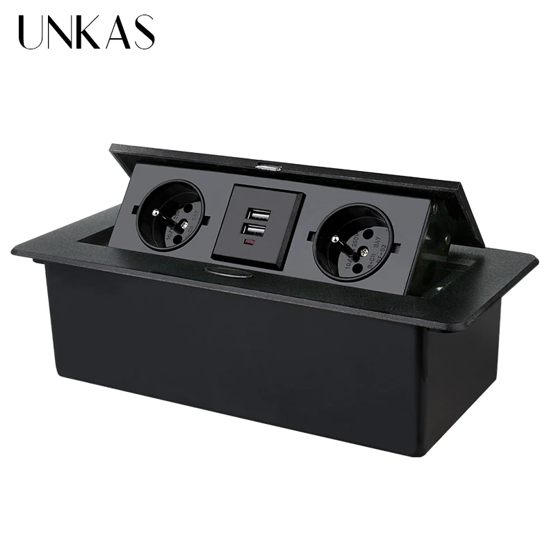 

UNKAS 3 Power French Socket Dual USB Port PULL POP UP LED Silver Black Kitchen Table Desktop Plug Floor USA Thailand Outlet