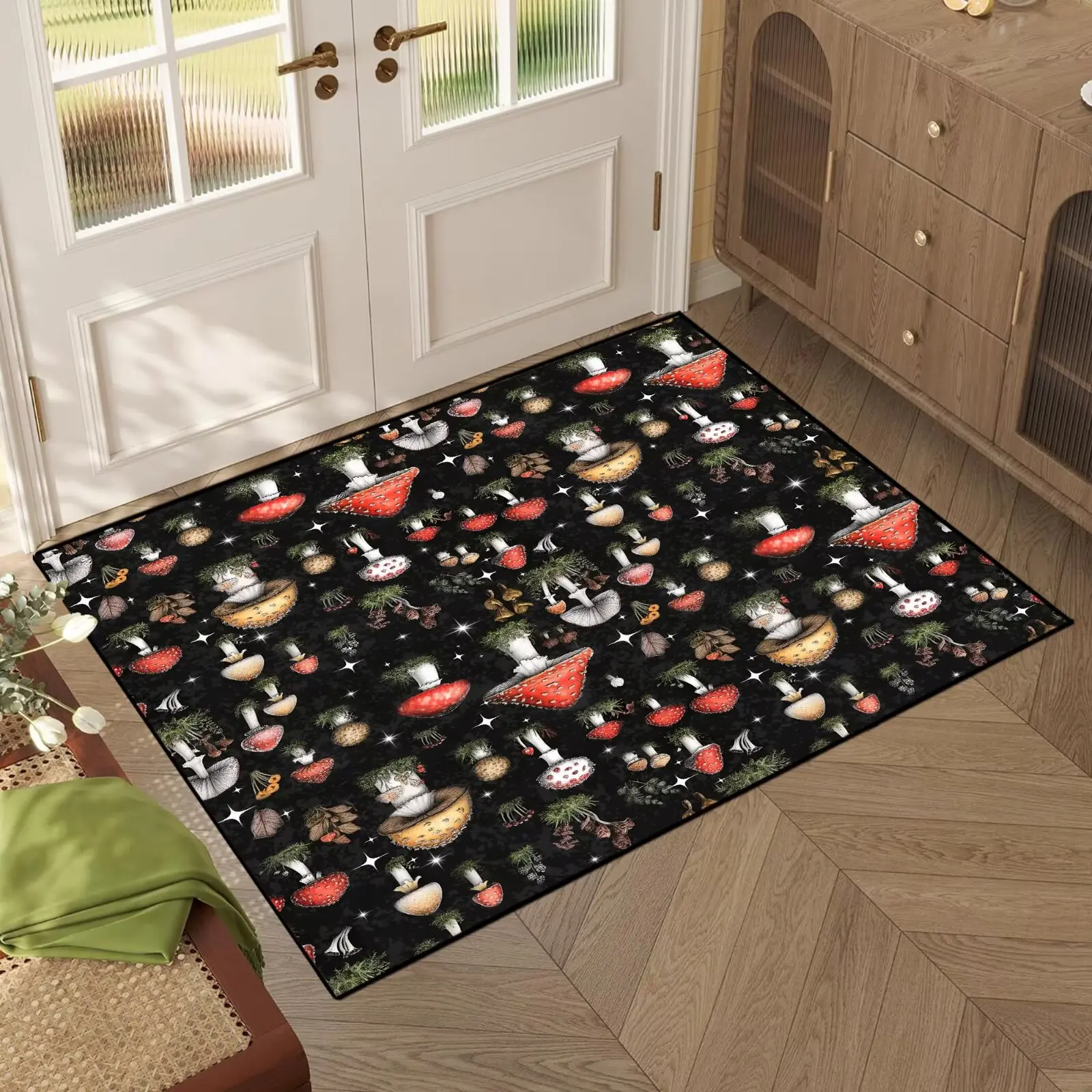 

Mushroom Rugs for Bedroom Living Room Hallway Entryway Dorm Black Carpets Floor Mat Player Indoor Doormat