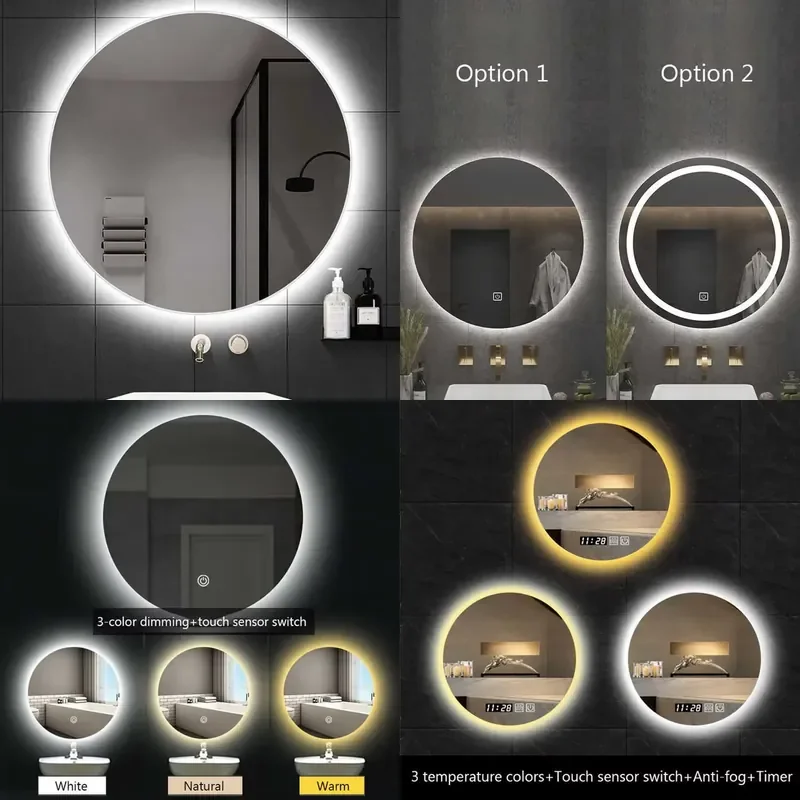 for Custom Round Waterproof Bathroom Living Room Smart Wall Mounted Makeup Shower Touch Screen Mirror Light Emitting Diode