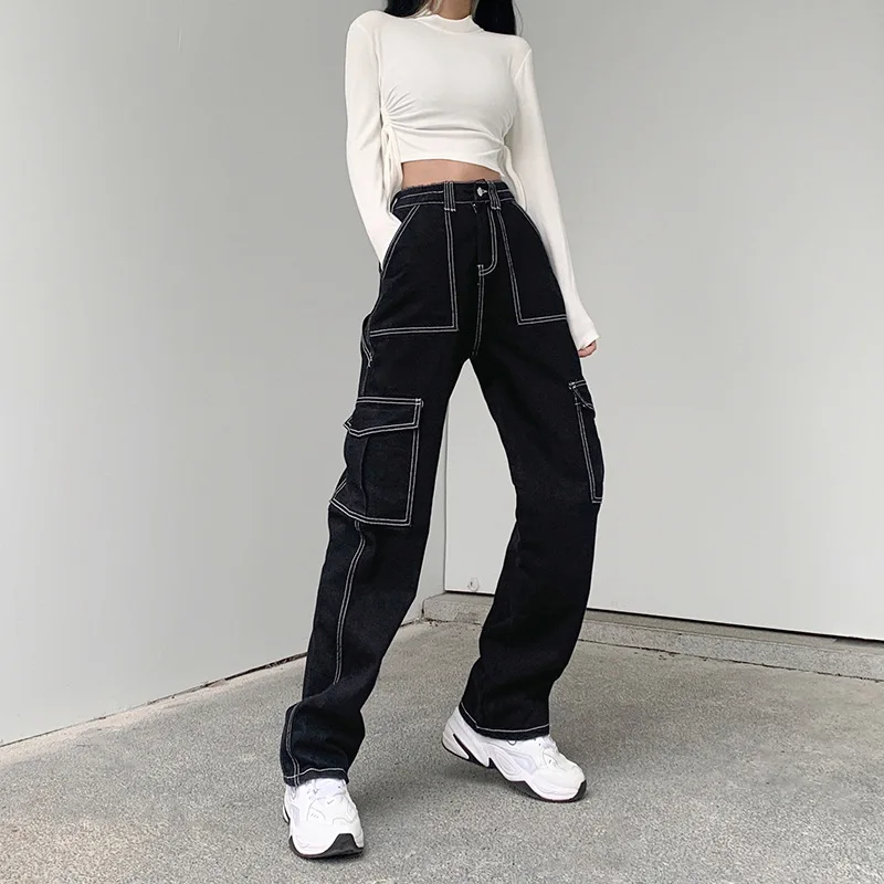 

Ins2020 New Product Super A Slim And Bright Line Design Sense Handsome Jeans Women's Loose Street Style Wide Leg Workwear Pants