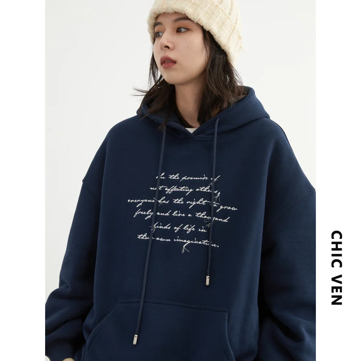 CHIC VEN Women\'s Sweatshirts Hoodie Loose Casual Plush Letters Embroidered Thick Warm Woman Hoodies Coat Winter Autumn 2023