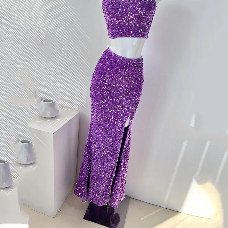 Sexy luxury sequins short vest top split half skirt set of two pieces 2024 New