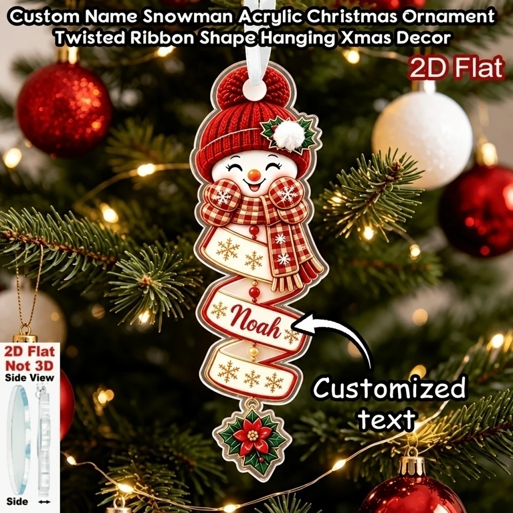2D Flat Personalized Twisted Ribbon Snowman Acrylic Christmas Ornament Custom Name Xmas Tree Hanging Pendant Winter Holiday Gift - view 2