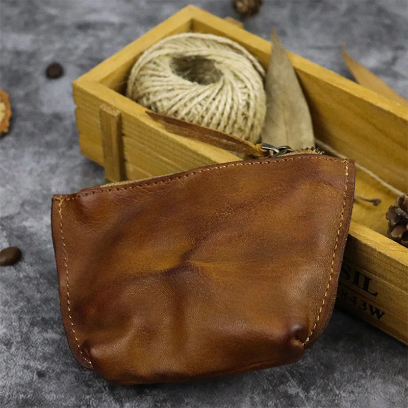 

New Handcrafted Vintage Japanese Style Top Layer Tanned Cowhide Coin Purse Earphone Bag for Couples Retro Folded Wallet