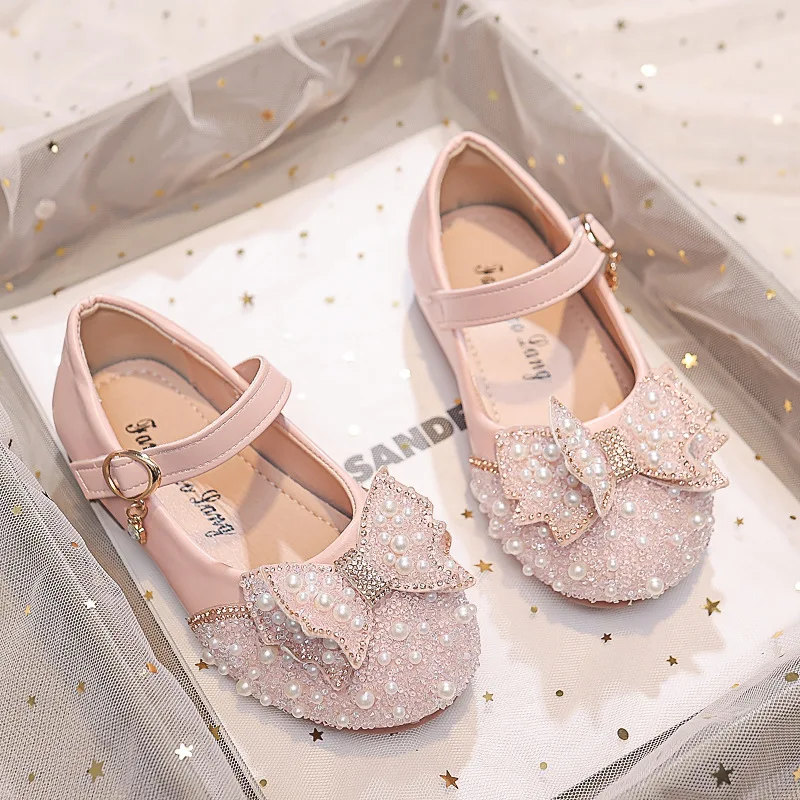 Zapatos de tacón con lazo y diamantes de imitación para niña, calzado de baile, estilo coreano, Princesa, boca cuadrada, primavera y verano, novedad de 2024