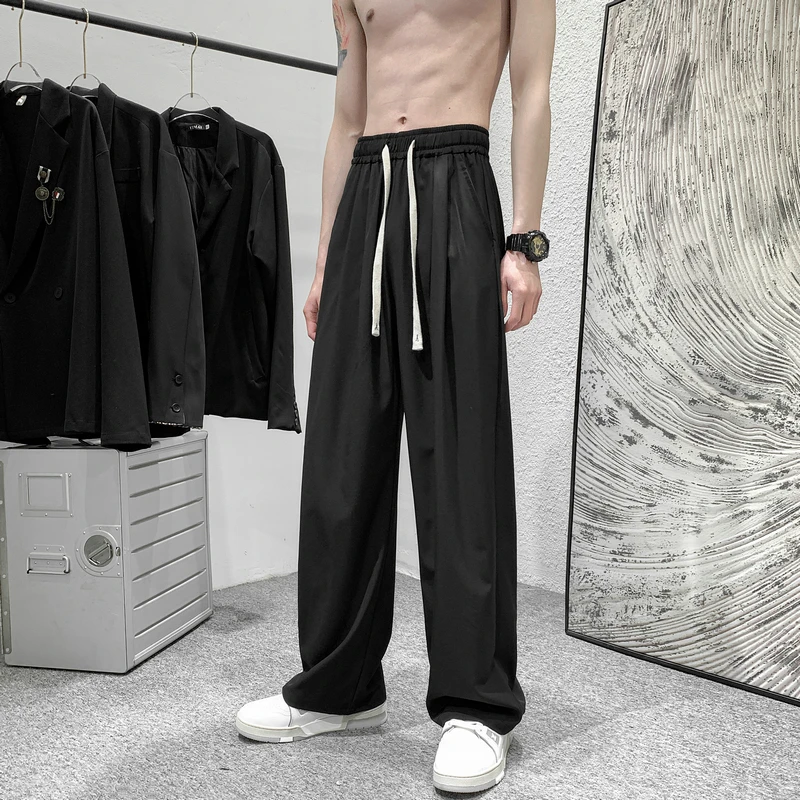 

Мужские летние тонкие свободные спортивные брюки из ледяного шелка с прямым кроем, быстросохнущие, повседневные, широкие, длинные, с низкой талией, из полиэстера.