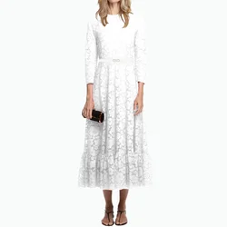 2025 Women Dress Long Sleeve Party Dresses Lace Hollow Out Long Dress Elegant Zipper Belt Design A Line Casual Female Dress